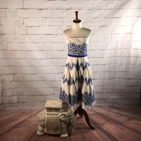 Anthropologie Strapless Dress in Blue and Cream - Picture 1 of 10